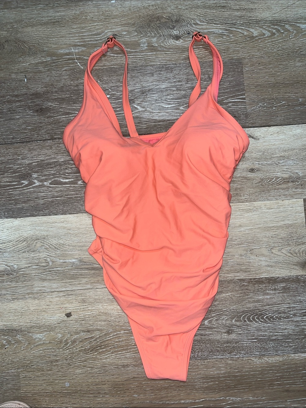 16W Adjustable-Strap Coral One-Piece Swimsuit with Ruched Sides